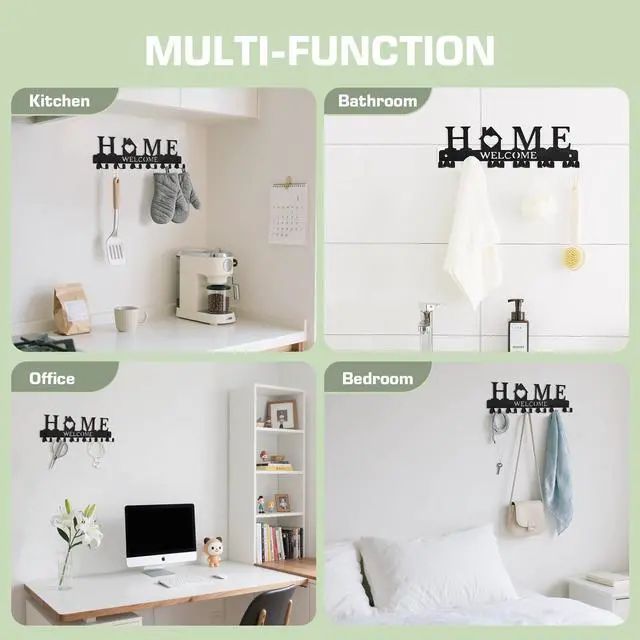 Alt view image 7 of 7 - Key Holder Wall Mount, Adhesive Metal Key Hanger with 6 Double Hooks, 2 Installation Methods, Black