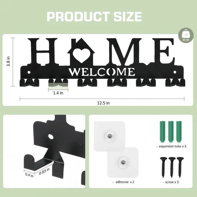 Alt view image 5 of 7 - Key Holder Wall Mount, Adhesive Metal Key Hanger with 6 Double Hooks, 2 Installation Methods, Black