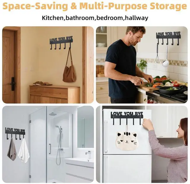 Alt view image 5 of 7 - Key Holder Wall Mount, No Drill Adhesive, Black, 5 Hooks