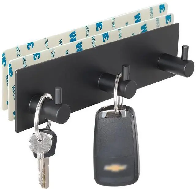 Main image of Key Holder for Wall with 2 Self-Adhesive Tapes, No Damage Key Holder Rack for Wall with 3 Key Hooks for Entryway, Door, Bathroom, Kitchen(Black)