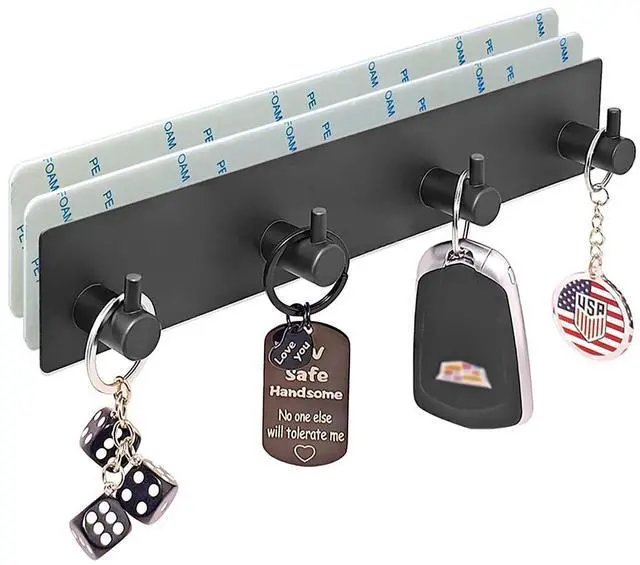 Main image of Key Holder for Wall with 2 Self-Adhesive Tapes Key Hanger Organizer for Wall with 4 HooksMetal Key Rack for Door, Entryway, Kitchen Bathroom(Black)