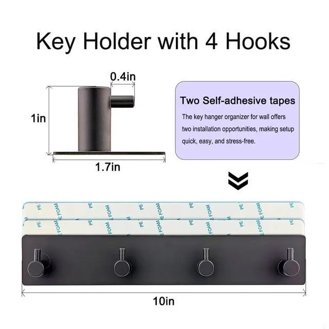 Alt view image 2 of 7 - Key Holder for Wall with 2 Self-Adhesive Tapes Key Hanger Organizer for Wall with 4 HooksMetal Key Rack for Door, Entryway, Kitchen Bathroom(Black)
