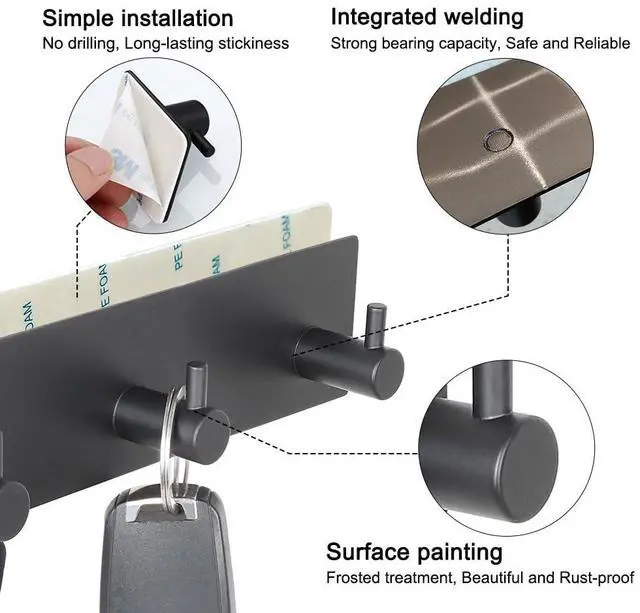 Alt view image 2 of 7 - Key Holder for Wall with 2 Self-Adhesive Tapes, No Damage Key Holder Rack for Wall with 3 Key Hooks for Entryway, Door, Bathroom, Kitchen(Black)