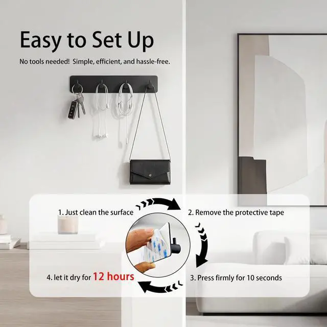 Alt view image 6 of 7 - Key Holder for Wall with 2 Self-Adhesive Tapes Key Hanger Organizer for Wall with 4 HooksMetal Key Rack for Door, Entryway, Kitchen Bathroom(Black)