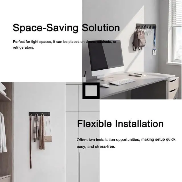 Alt view image 5 of 7 - Key Holder for Wall with 2 Self-Adhesive Tapes Key Hanger Organizer for Wall with 4 HooksMetal Key Rack for Door, Entryway, Kitchen Bathroom(Black)