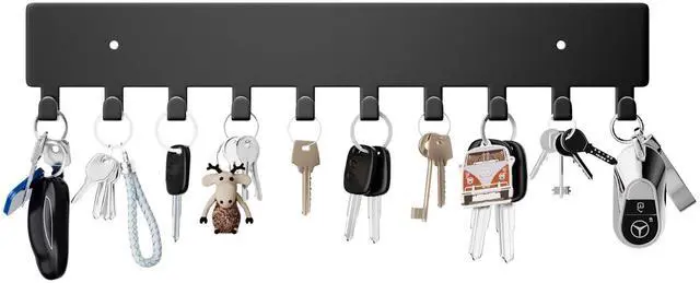 Main image of Key Holder for Wall, Key Hooks with 10 Hooks, Wall Mounted Key Holder for Hallway, Self Adhesive Key Rack(Black)