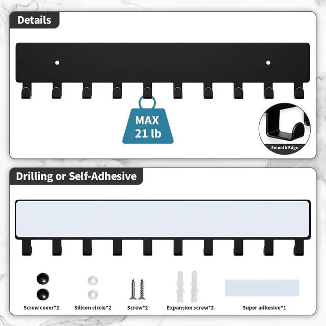 Alt view image 3 of 6 - Key Holder for Wall, Key Hooks with 10 Hooks, Wall Mounted Key Holder for Hallway, Self Adhesive Key Rack(Black)