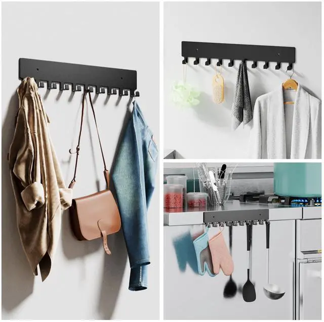 Alt view image 6 of 6 - Key Holder for Wall, Key Hooks with 10 Hooks, Wall Mounted Key Holder for Hallway, Self Adhesive Key Rack(Black)