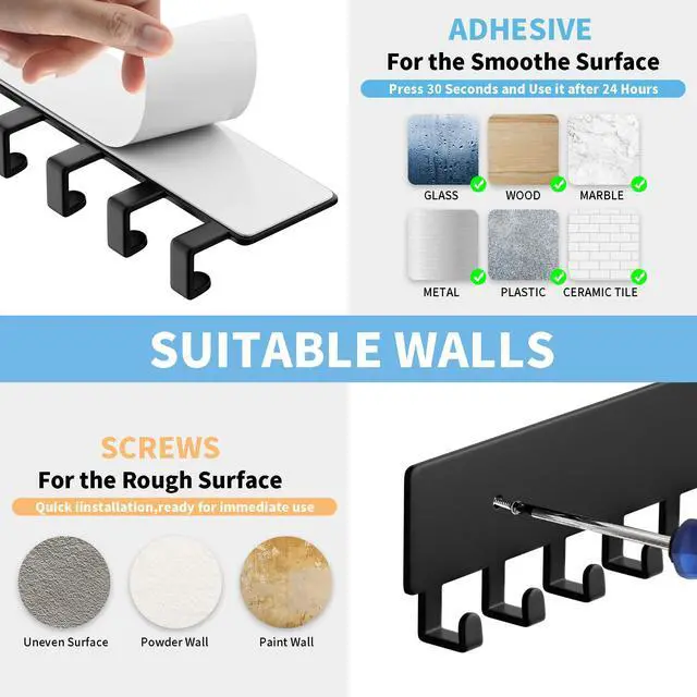 Alt view image 4 of 6 - Key Holder for Wall, Key Hooks with 10 Hooks, Wall Mounted Key Holder for Hallway, Self Adhesive Key Rack(Black)
