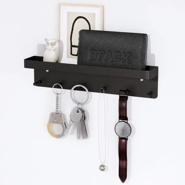 Alt view image 2 of 7 - Holder Wall Mount, Key Holder Wall Mount Adhesive with Mail Organizer Tray with 6 Key Hooks for Wall, Black
