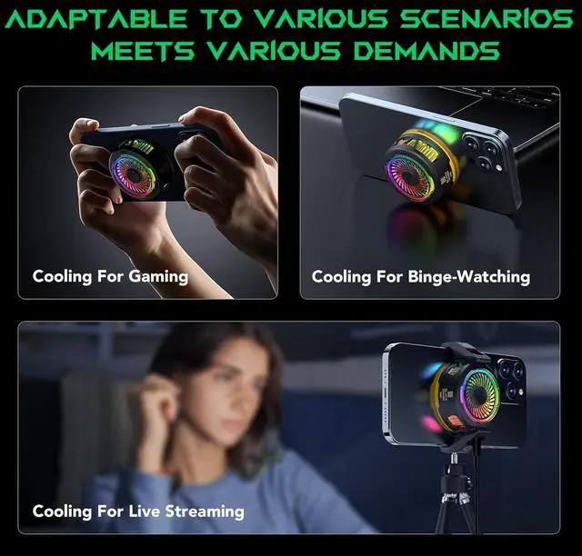 Alt view image 2 of 7 - FunCooler 5 Magnetic Cell Phone Cooler for Gaming, Portable Mobile Phone Cooling Fan with RGB Light, Cellphone Radiator for iPhone Magnetic Series/Android/Tablet/iPad (Black)
