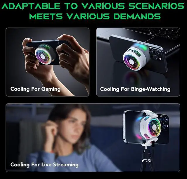 Alt view image 6 of 7 - FunCooler 5 Magnetic Cell Phone Cooler for Gaming, Portable Mobile Phone Cooling Fan with RGB Light, Cellphone Radiator for iPhone Magnetic Series/Android/Tablet/iPad (White)