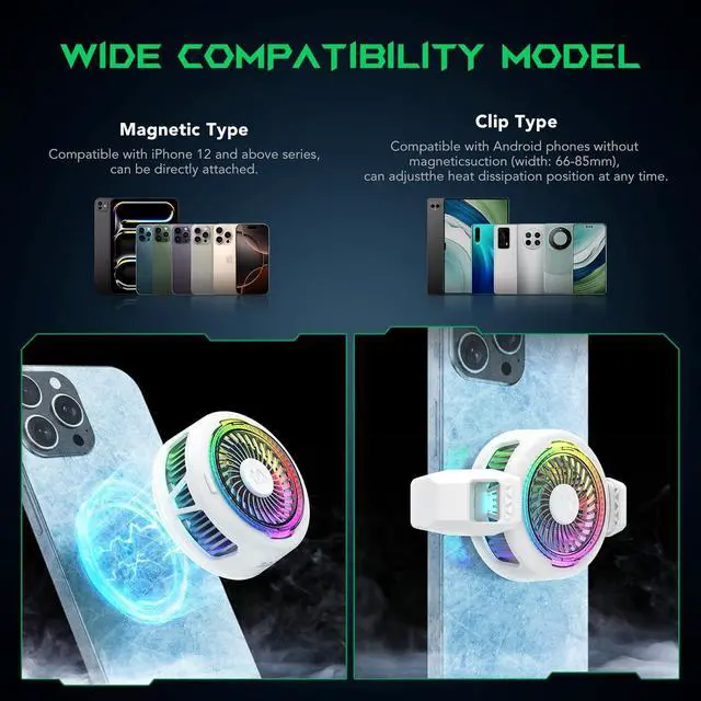 Alt view image 5 of 7 - FunCooler 5 Magnetic Cell Phone Cooler for Gaming, Portable Mobile Phone Cooling Fan with RGB Light, Cellphone Radiator for iPhone Magnetic Series/Android/Tablet/iPad (White)