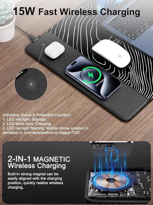 Alt view image 7 of 7 - Mouse Pad with 15W Fast Wireless Charging, 31.5"x15.75" XXL Large Gaming Waterproof Desk Pad with Ultra-Smooth Surface, Non-Slip Base, Computer Desk Mat, Black Topographic Map #1
