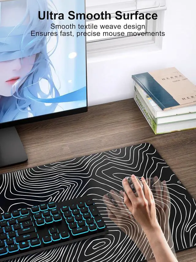 Alt view image 5 of 7 - Mouse Pad with 15W Fast Wireless Charging, 31.5"x15.75" XXL Large Gaming Waterproof Desk Pad with Ultra-Smooth Surface, Non-Slip Base, Computer Desk Mat, Black Topographic Map #1