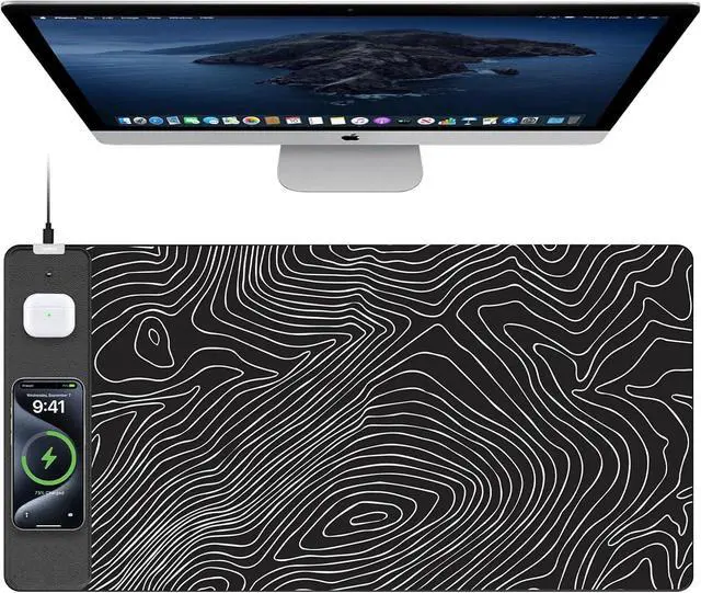 Main image of Mouse Pad with 15W Fast Wireless Charging, 31.5"x15.75" XXL Large Gaming Waterproof Desk Pad with Ultra-Smooth Surface, Non-Slip Base, Computer Desk Mat, Black Topographic Map #1