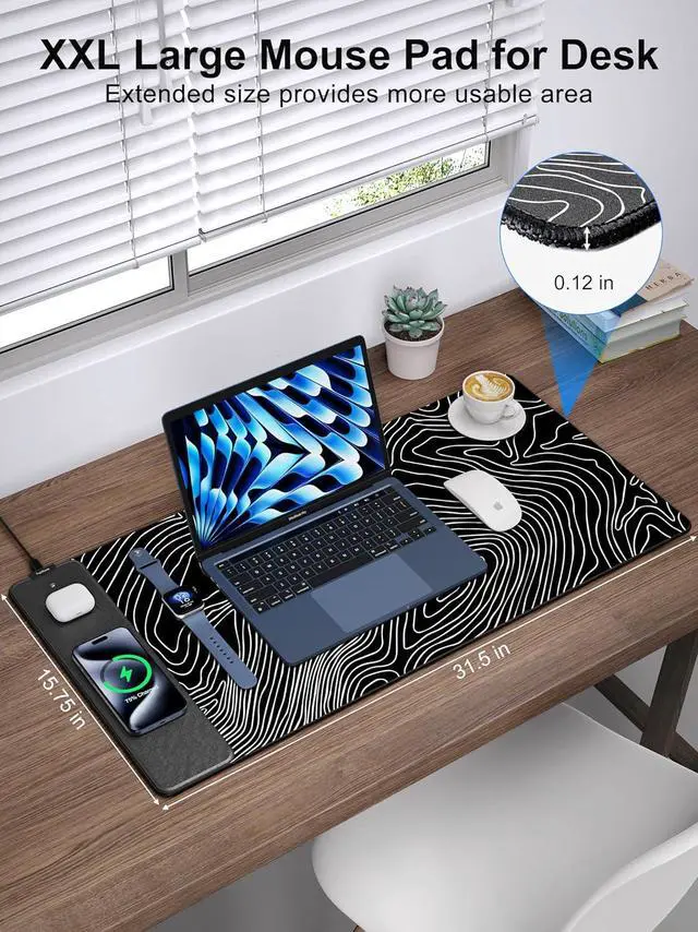 Alt view image 6 of 7 - Mouse Pad with 15W Fast Wireless Charging, 31.5"x15.75" XXL Large Gaming Waterproof Desk Pad with Ultra-Smooth Surface, Non-Slip Base, Computer Desk Mat, Black Topographic Map #1