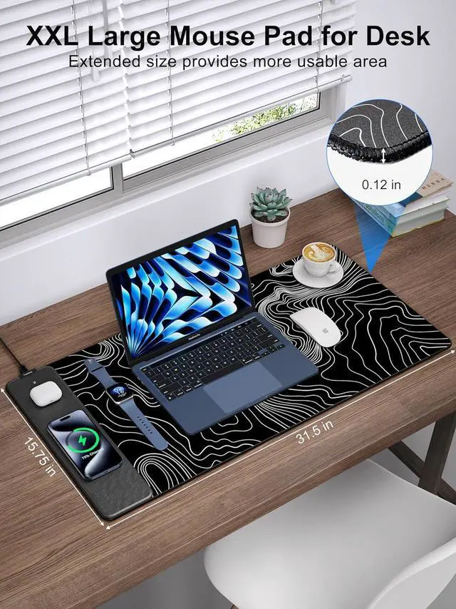 Alt view image 5 of 14 - Mouse Pad with 15W Fast Wireless Charging, 31.5"x15.75" XXL Large Gaming Waterproof Desk Pad, Computer Desk Mat, Black Topographic Map #2 (Includes 20W PD Power Adapter & 6.56ft Woven Cable)