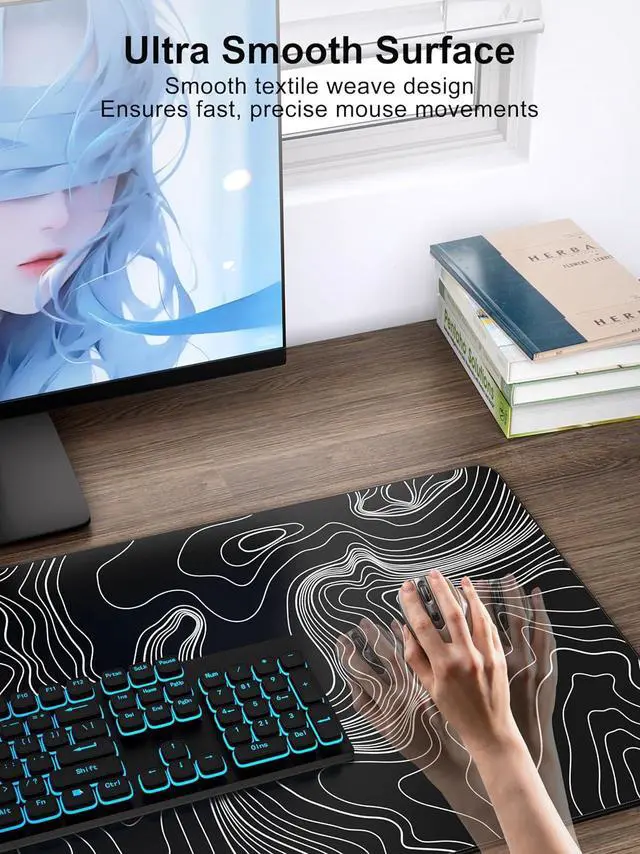 Alt view image 6 of 14 - Mouse Pad with 15W Fast Wireless Charging, 31.5"x15.75" XXL Large Gaming Waterproof Desk Pad, Computer Desk Mat, Black Topographic Map #2 (Includes 20W PD Power Adapter & 6.56ft Woven Cable)