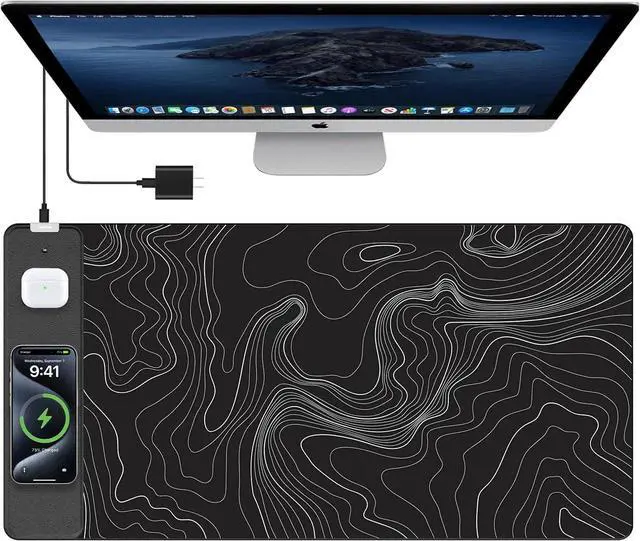 Main image of Mouse Pad with 15W Fast Wireless Charging, 31.5"x15.75" XXL Large Gaming Waterproof Desk Pad, Computer Desk Mat, Black Topographic Map #2 (Includes 20W PD Power Adapter & 6.56ft Woven Cable)