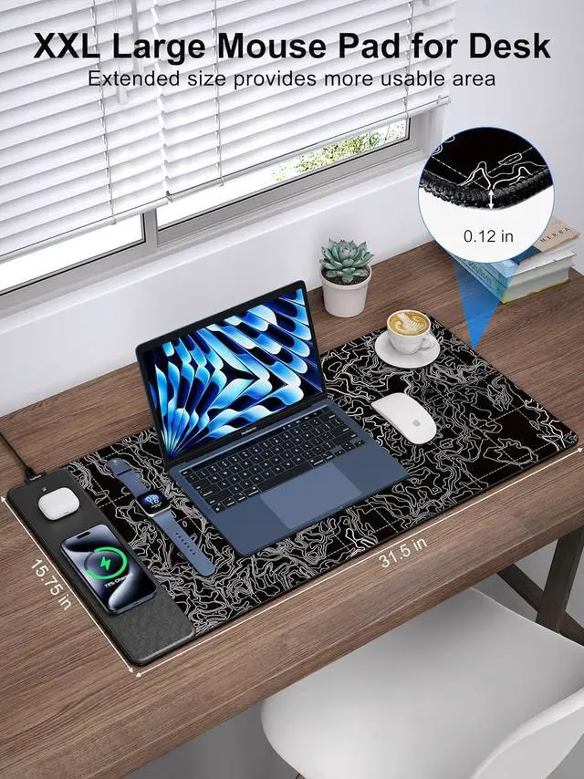 Alt view image 6 of 14 - Mouse Pad with 15W Fast Wireless Charging, 31.5"x15.75" XXL Large Gaming Waterproof Desk Pad with Ultra-Smooth Surface, Non-Slip Base, Computer Desk Mat for MacBook, PC, Laptop, Black