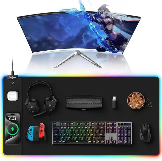 Main image of Wireless Charging RGB Mouse Pad, Waterproof Gaming Desk Pad with 4 Light Modes & 11 RGB Colors, Ultra-Smooth Surface, Non-Slip Base, 31.5"x15.75" XXL Large Desk Mat for MacBook, PC, Laptop