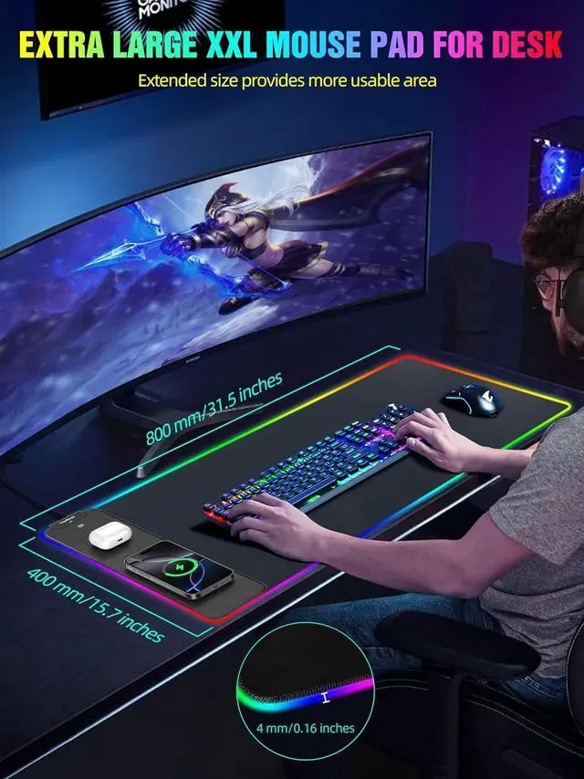 Alt view image 4 of 14 - Wireless Charging RGB Mouse Pad, Waterproof Gaming Desk Mat with 4 Light Modes & 11 RGB Colors, 31.5"x15.75" XXL Large Desk Pad(Includes 20W PD Power Adapter & 6.56ft Woven Cable)