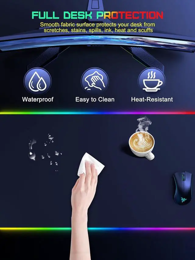Alt view image 5 of 14 - Wireless Charging RGB Mouse Pad, Waterproof Gaming Desk Mat with 4 Light Modes & 11 RGB Colors, 31.5"x15.75" XXL Large Desk Pad(Includes 20W PD Power Adapter & 6.56ft Woven Cable)