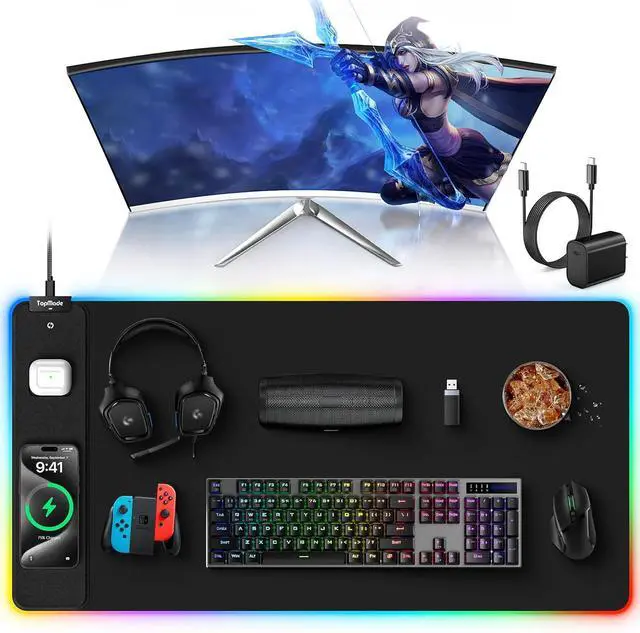Main image of Wireless Charging RGB Mouse Pad, Waterproof Gaming Desk Mat with 4 Light Modes & 11 RGB Colors, 31.5"x15.75" XXL Large Desk Pad(Includes 20W PD Power Adapter & 6.56ft Woven Cable)