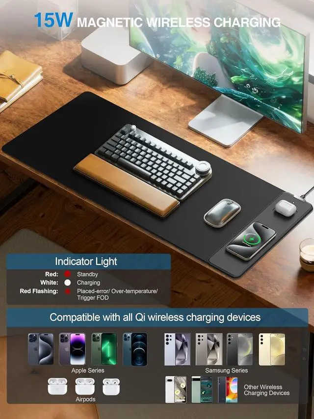 Alt view image 4 of 14 - Mouse Pad with 15W Wireless Charging, Waterproof Gaming Mousepad with Ultra-Smooth Surface, Non-Slip Base, 31.5"x15.75" XXL Large Desk Pad (Includes 20W PD Power Adapter & 6.56ft Woven Cable)