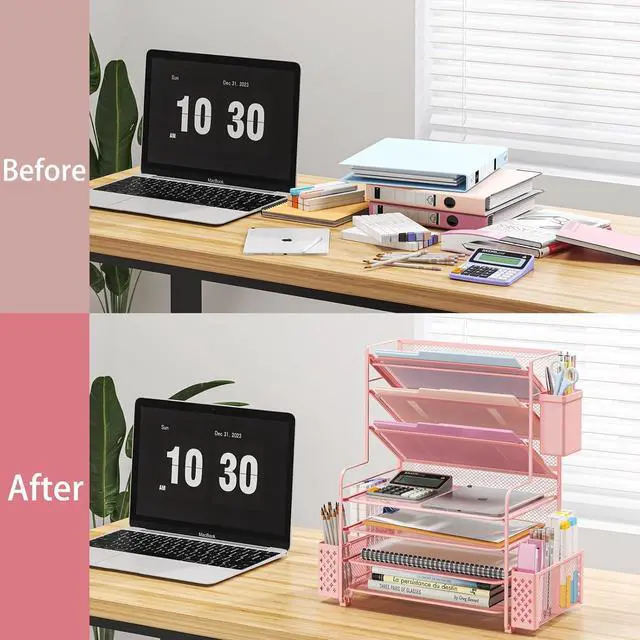 Alt view image 3 of 6 - Simple Trending 7 Tier Desk File Organizer, Letter Tray Paper Organizer with Pen Holder and Metal Hanging Basket,Pink
