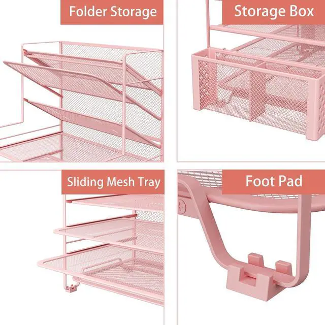 Alt view image 2 of 6 - Simple Trending 7 Tier Desk File Organizer, Letter Tray Paper Organizer with Pen Holder and Metal Hanging Basket,Pink