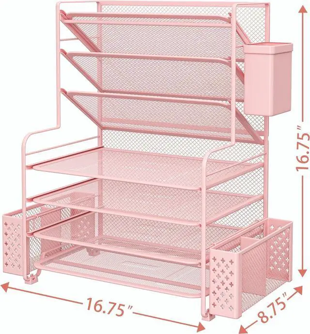 Alt view image 4 of 6 - Simple Trending 7 Tier Desk File Organizer, Letter Tray Paper Organizer with Pen Holder and Metal Hanging Basket,Pink