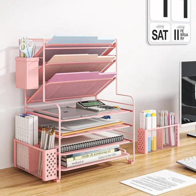 Alt view image 6 of 6 - Simple Trending 7 Tier Desk File Organizer, Letter Tray Paper Organizer with Pen Holder and Metal Hanging Basket,Pink