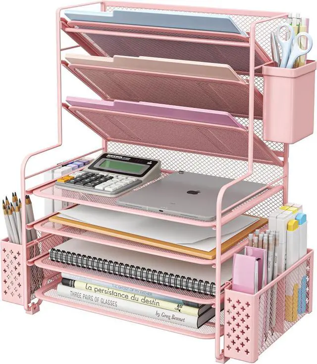 Main image of Simple Trending 7 Tier Desk File Organizer, Letter Tray Paper Organizer with Pen Holder and Metal Hanging Basket,Pink