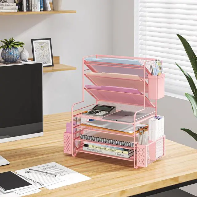 Alt view image 5 of 6 - Simple Trending 7 Tier Desk File Organizer, Letter Tray Paper Organizer with Pen Holder and Metal Hanging Basket,Pink