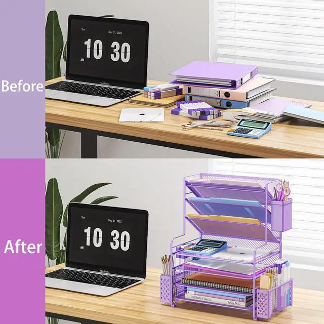 Alt view image 2 of 6 - Simple Trending 7 Tier Desk File Organizer, Letter Tray Paper Organizer with Pen Holder and Metal Hanging Basket, Purple