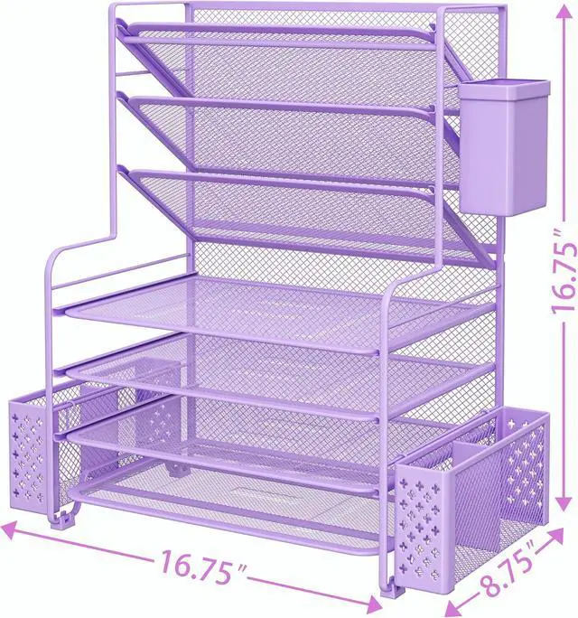Alt view image 3 of 6 - Simple Trending 7 Tier Desk File Organizer, Letter Tray Paper Organizer with Pen Holder and Metal Hanging Basket, Purple