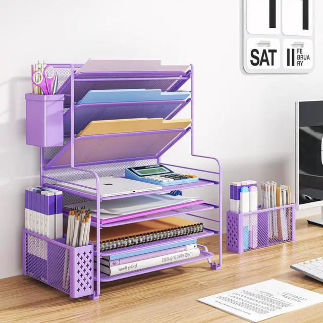 Alt view image 5 of 6 - Simple Trending 7 Tier Desk File Organizer, Letter Tray Paper Organizer with Pen Holder and Metal Hanging Basket, Purple