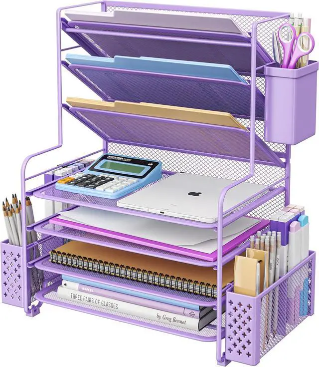 Main image of Simple Trending 7 Tier Desk File Organizer, Letter Tray Paper Organizer with Pen Holder and Metal Hanging Basket, Purple