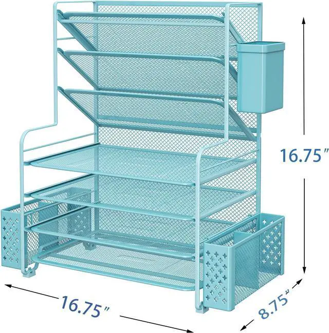Alt view image 5 of 6 - Simple Trending 7 Tier Desk File Organizer, Letter Tray Paper Organizer with Pen Holder and Metal Hanging Basket, Blue