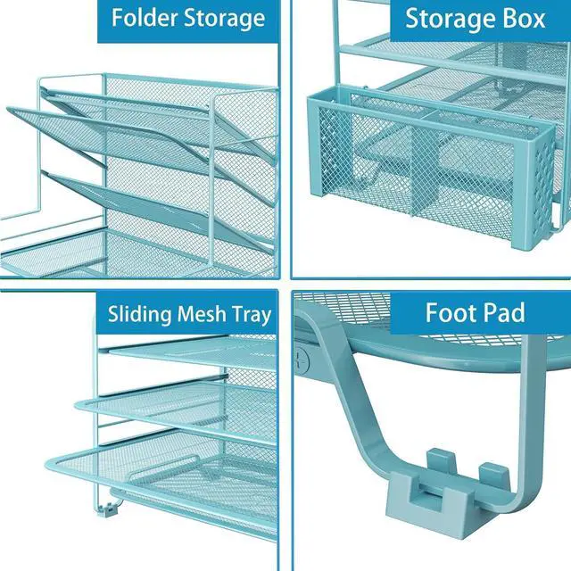 Alt view image 4 of 6 - Simple Trending 7 Tier Desk File Organizer, Letter Tray Paper Organizer with Pen Holder and Metal Hanging Basket, Blue