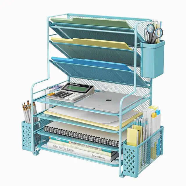 Main image of Simple Trending 7 Tier Desk File Organizer, Letter Tray Paper Organizer with Pen Holder and Metal Hanging Basket, Blue