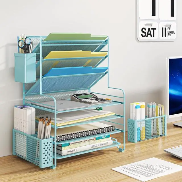 Alt view image 6 of 6 - Simple Trending 7 Tier Desk File Organizer, Letter Tray Paper Organizer with Pen Holder and Metal Hanging Basket, Blue