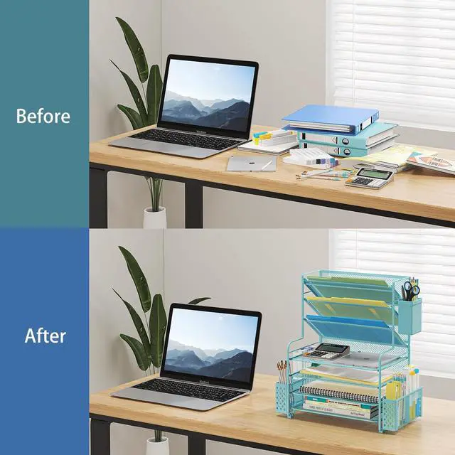 Alt view image 2 of 6 - Simple Trending 7 Tier Desk File Organizer, Letter Tray Paper Organizer with Pen Holder and Metal Hanging Basket, Blue