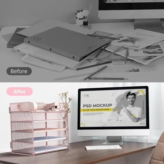 Alt view image 5 of 6 - Letter Tray Paper Organizer 5-Tier Desk Organizer File Organizer Paper Holder with Handle, Metal Desktop Document Shelf Tray Office Classroom Organization - Pink