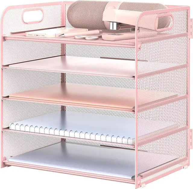 Main image of Letter Tray Paper Organizer 5-Tier Desk Organizer File Organizer Paper Holder with Handle, Metal Desktop Document Shelf Tray Office Classroom Organization - Pink