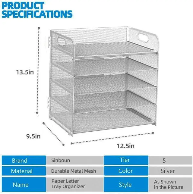 Alt view image 2 of 6 - Letter Tray Paper Organizer 5-Tier Desk Organizer File Organizer Paper Holder with Handle, Metal Desktop Document Shelf Tray Office Classroom Organization - Silver
