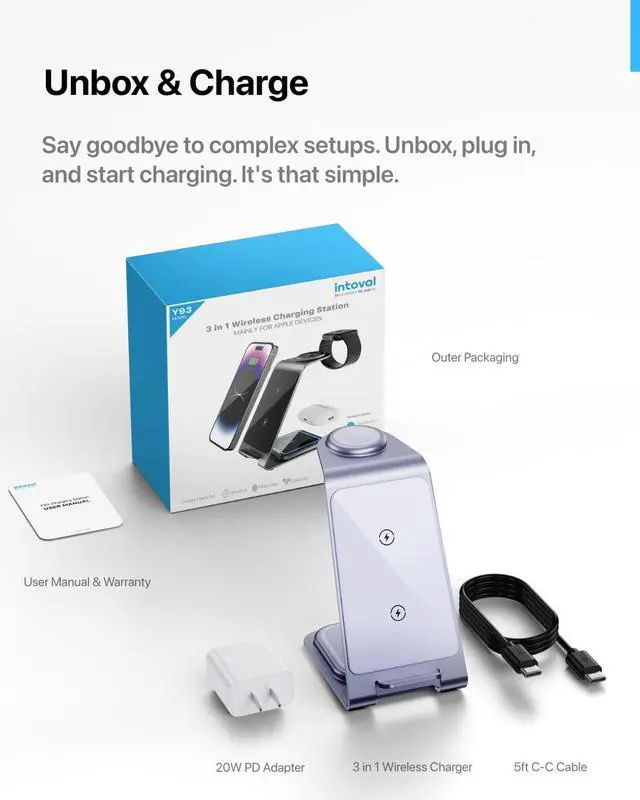 Alt view image 2 of 7 - Aluminum 3 in 1 Wireless Charging Station for iPhone 17 16 15 14 13 12 11 Pro Max XR, Wireless Charger for Apple Watch 11 10 9 8 7 Ultra SE 3 2, Phone Charger for AirPods 4 Pro 2 3 (Lavender)