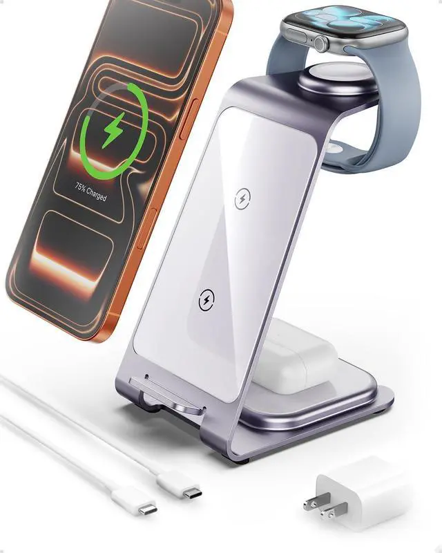 Main image of Aluminum 3 in 1 Wireless Charging Station for iPhone 17 16 15 14 13 12 11 Pro Max XR, Wireless Charger for Apple Watch 11 10 9 8 7 Ultra SE 3 2, Phone Charger for AirPods 4 Pro 2 3 (Lavender)